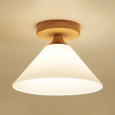 Cône d'abat-jour blanc/plafonnier festonné avec auvent en bois, plafonnier en verre moderne à une lumière pour Foyer