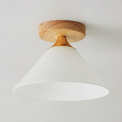 Cône d'abat-jour blanc/plafonnier festonné avec auvent en bois, plafonnier en verre moderne à une lumière pour Foyer