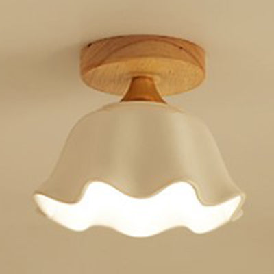 Cône d'abat-jour blanc/plafonnier festonné avec auvent en bois, plafonnier en verre moderne à une lumière pour Foyer