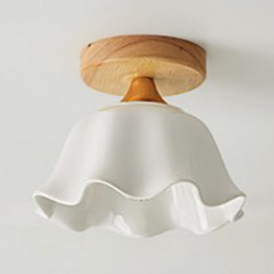 Cône d'abat-jour blanc/plafonnier festonné avec auvent en bois, plafonnier en verre moderne à une lumière pour Foyer