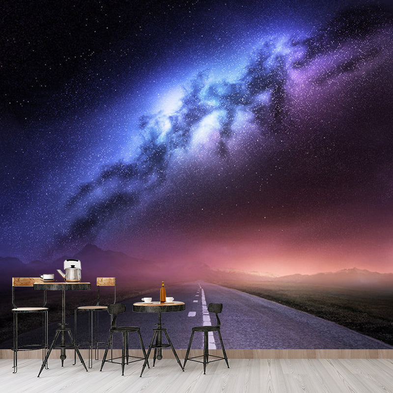 Road and Galaxy Mural Wallpaper for Bedroom Modern Wall Decor in Purple, Customized Size Available