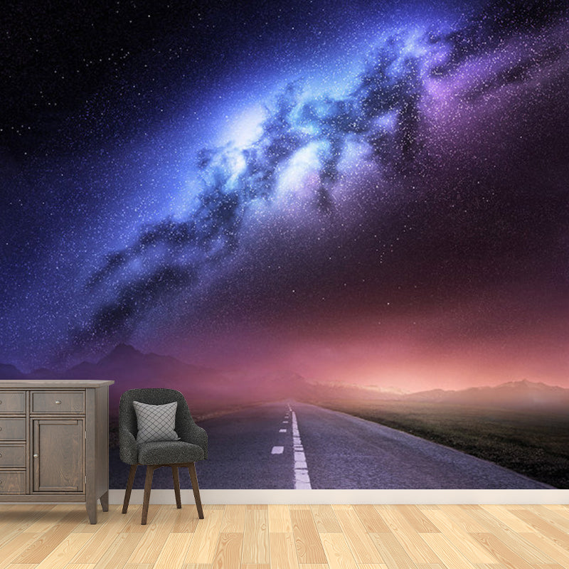 Road and Galaxy Mural Wallpaper for Bedroom Modern Wall Decor in Purple, Customized Size Available