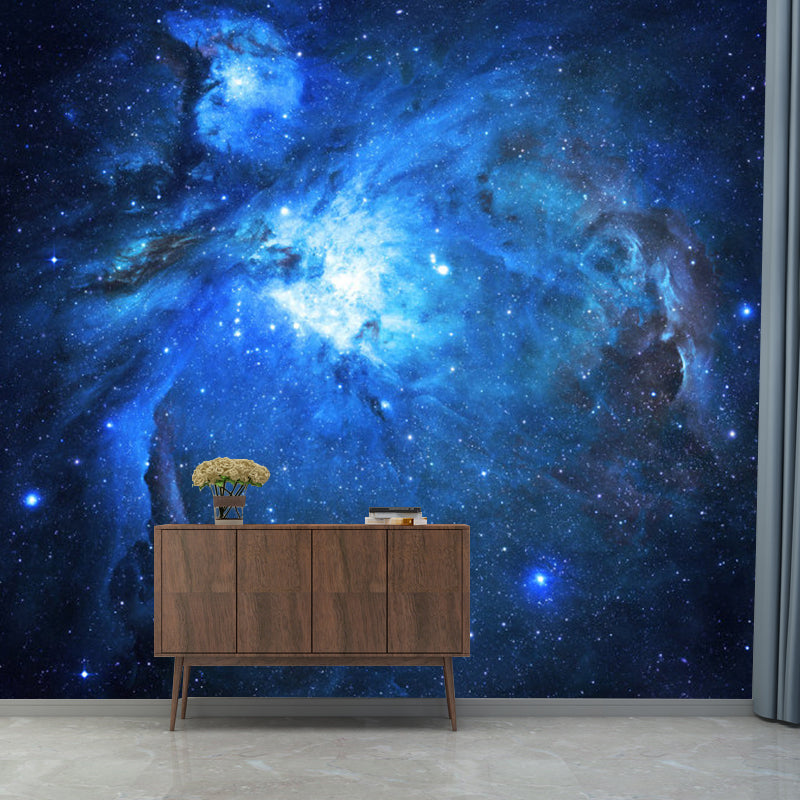 Whole Illustration Style Mural Wallpaper for Living Room with Nebula Design in Blue
