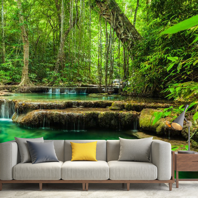 Fresh Jungle and Water Mural for Living Room Natural Scene Wall Art in Green, Made to Measure