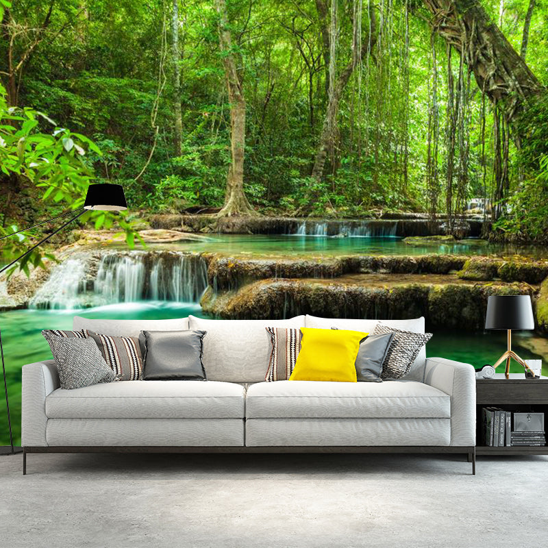 Fresh Jungle and Water Mural for Living Room Natural Scene Wall Art in Green, Made to Measure