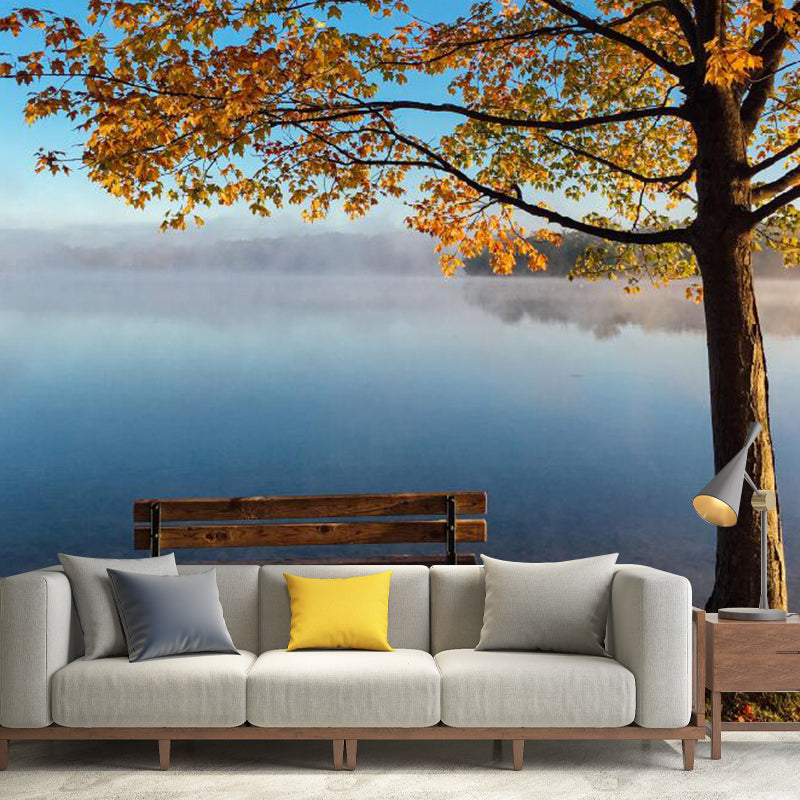 Enormous Photography Autumn Tree Mural Wallpaper for Guest Room Decor in Yellow and Blue, Made to Measure