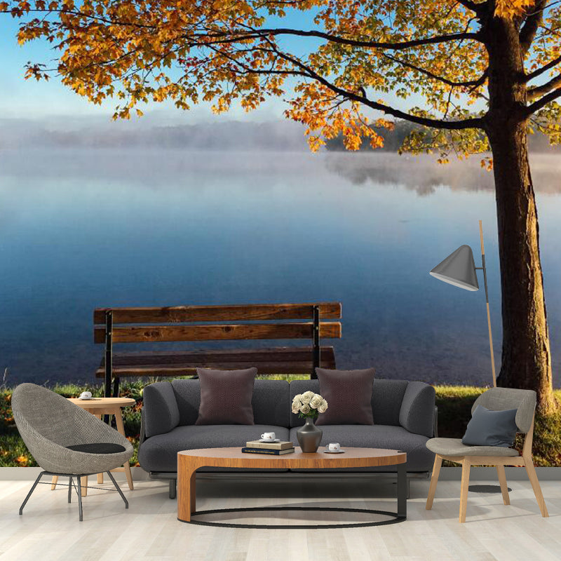 Enormous Photography Autumn Tree Mural Wallpaper for Guest Room Decor in Yellow and Blue, Made to Measure