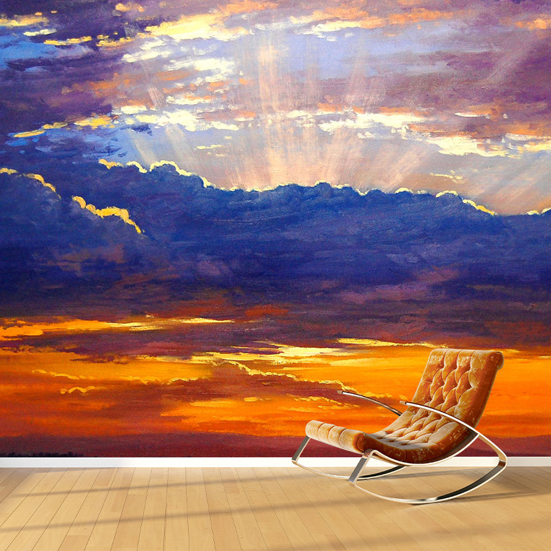 Minimalist Sky and Cloud Mural Wallpaper in Orange and Blue Home Decorative Wall Covering, Custom-Made