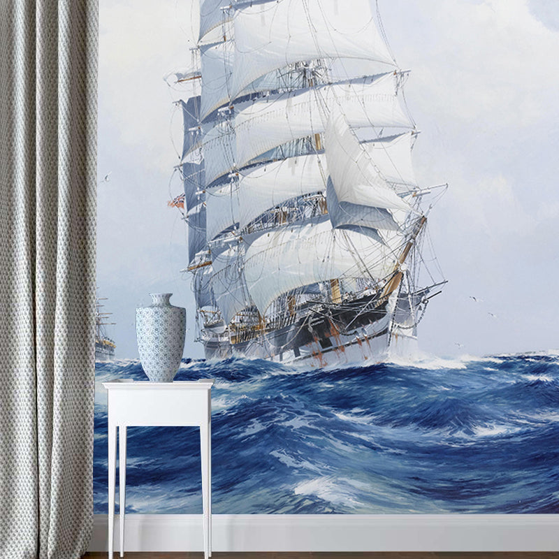 Blue and White Boat Mural Wallpaper Moisture-Resistant Wall Covering for Dining Room