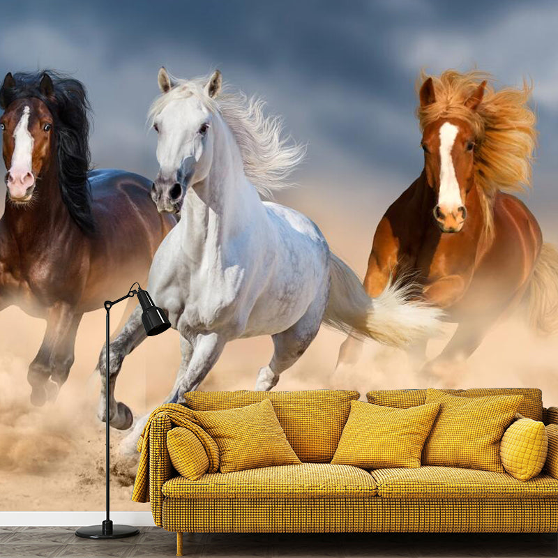 Brown Asia Inspired Wall Covering Custom-Printed Safari Horses Mural for Living Room