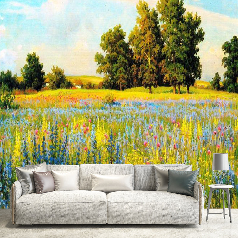 Large Grassland Mural Wallpaper for Dining Room Sky Wall Covering in Green and Blue, Water-Resistant