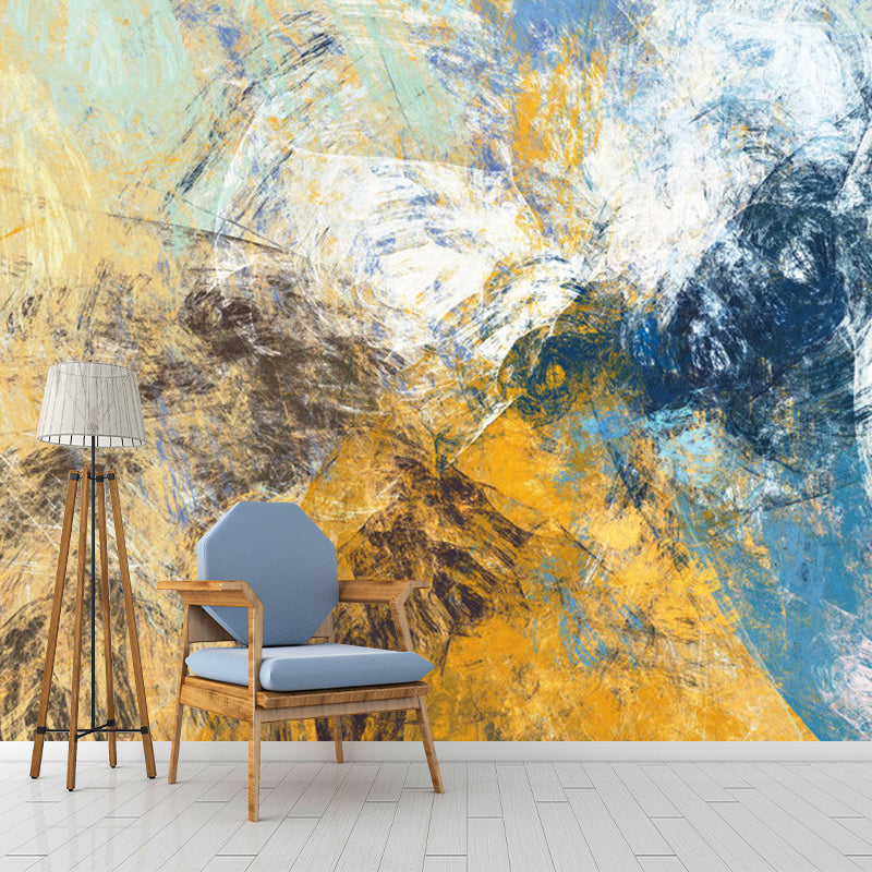 Decalcomania murale ad acquerello per la decorazione della galleria, blu e giallo, su misura