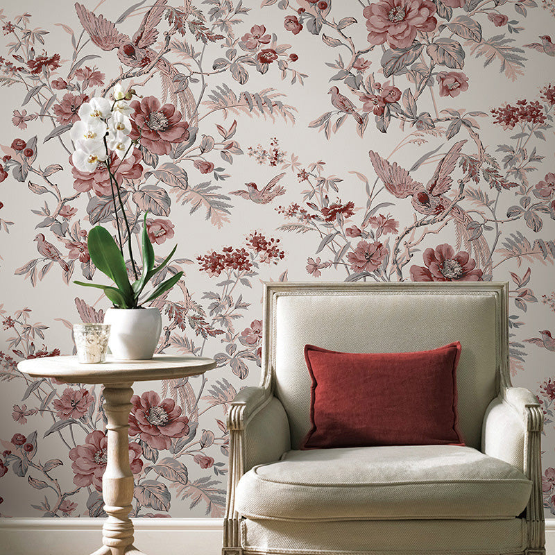 Blossoming Flower and Bird Wallpaper Roll for Accent Wall, Soft Color, 20.5"W x 33'L