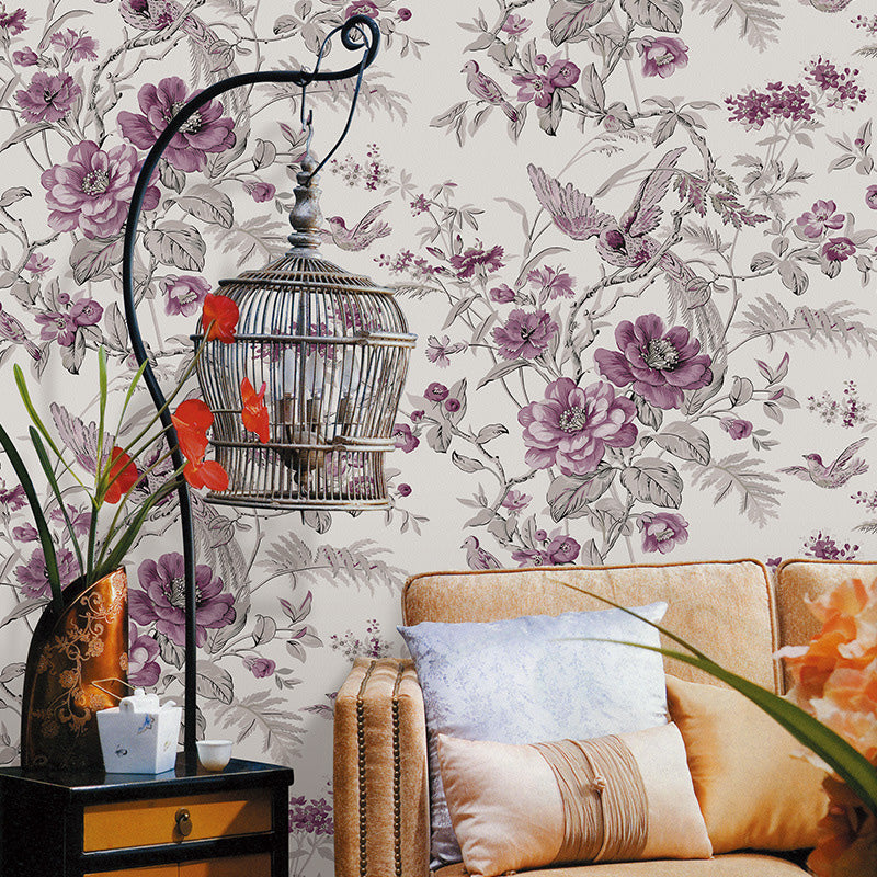Blossoming Flower and Bird Wallpaper Roll for Accent Wall, Soft Color, 20.5"W x 33'L