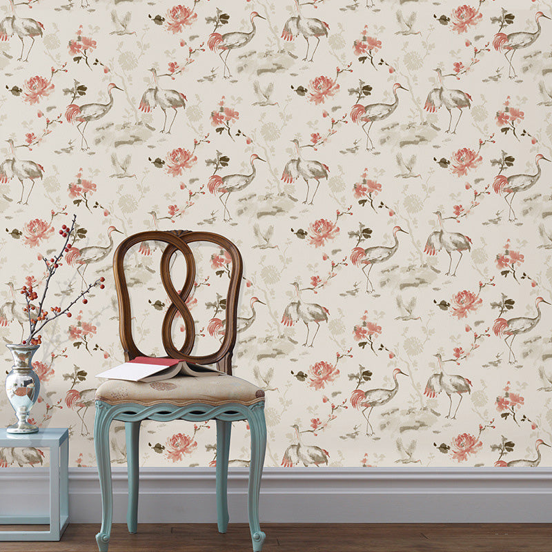 Rural Bird and Flower Wallpaper Roll for Home, 33' x 20.5" Wall Covering in Natural Color