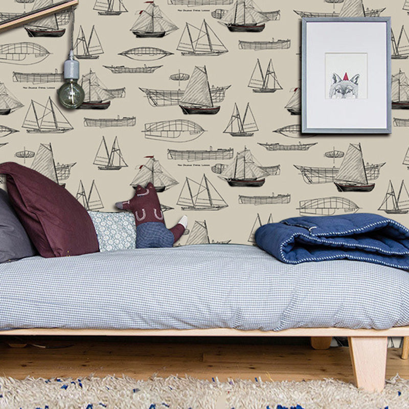 20,5" x 33' Meerestapetenrolle für Kinder, Cartoon-Segelboote, Wanddekoration in sanften Farben, schmutzabweisend