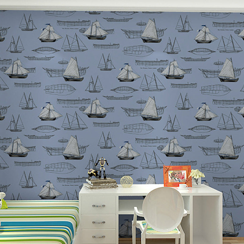 20,5" x 33' Meerestapetenrolle für Kinder, Cartoon-Segelboote, Wanddekoration in sanften Farben, schmutzabweisend