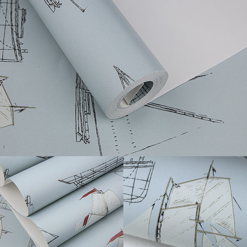 20,5" x 33' Meerestapetenrolle für Kinder, Cartoon-Segelboote, Wanddekoration in sanften Farben, schmutzabweisend