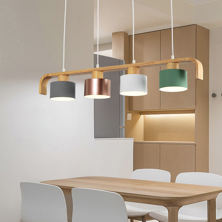 Rose Gold/Multicolored Drum Island Lighting 3/4 Head Post Modern Wood Hanging Chandelier over Dining Table