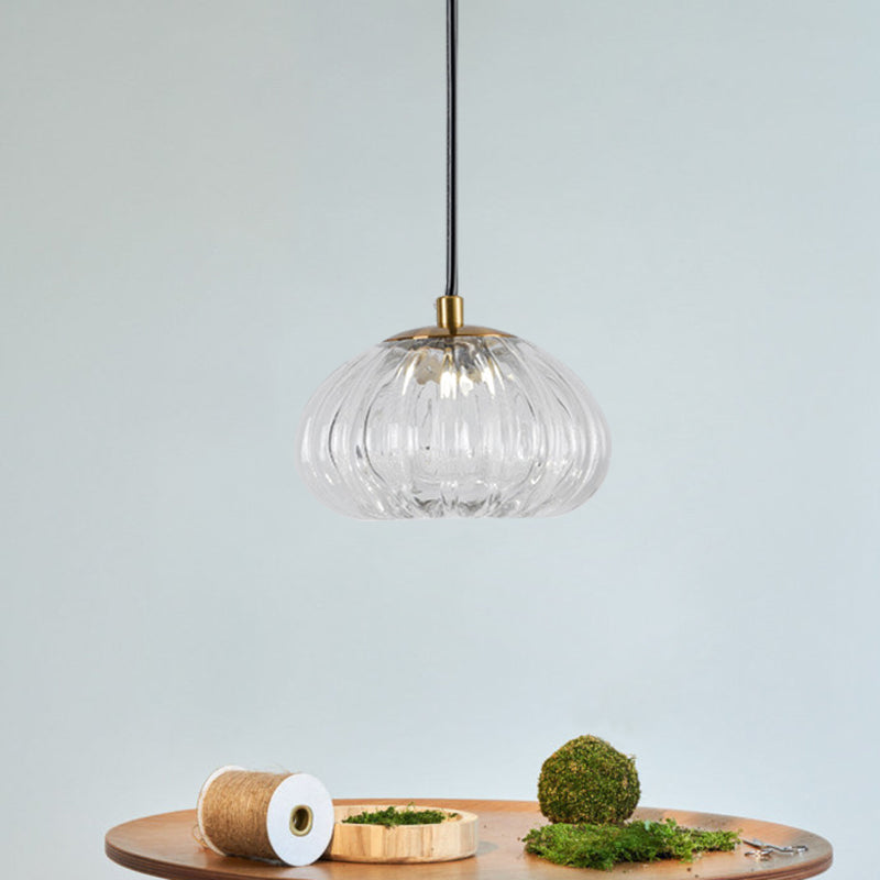 Post-Modern Dome Pendant Lighting Cognac/Clear Ribbed Glass 1 Head Dining Table Suspension Lamp