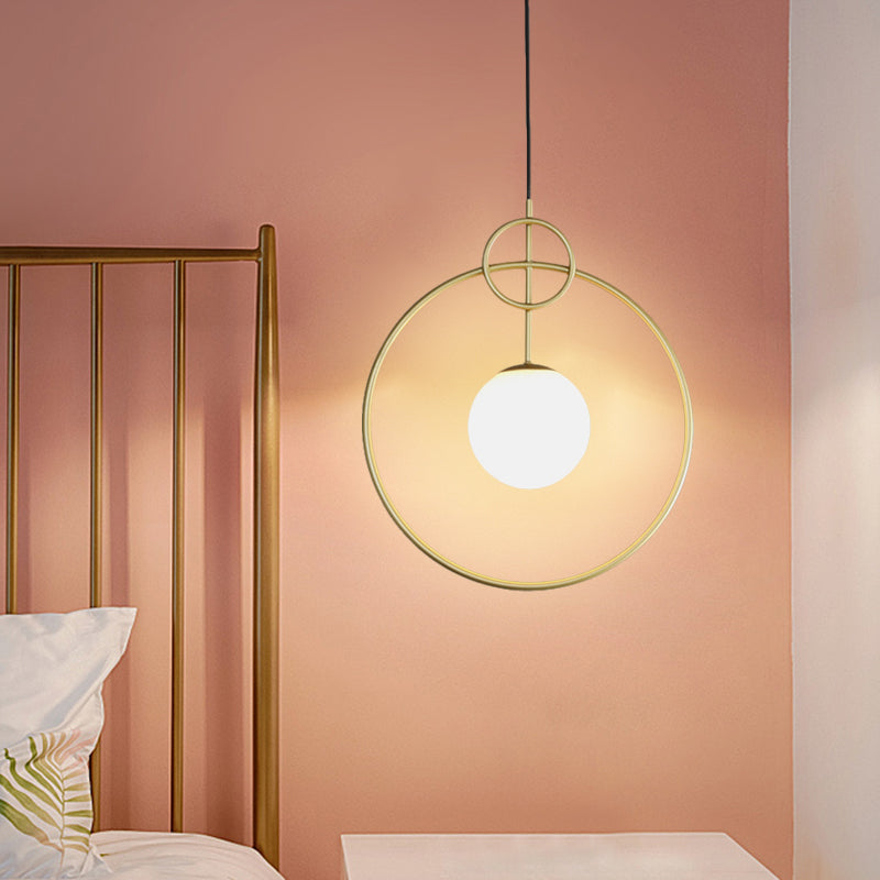 Ball Pendant Light Fixture Postmodern Milk Glass 1-Light Dining Room Ceiling Lamp with Circles in Gold