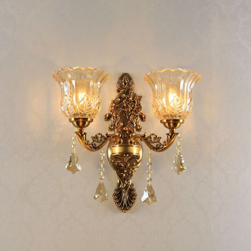 2-Head Wall Lighting Idea with Flower Shade Ribbed Glass Traditional Living Room Wall Lamp in Brass