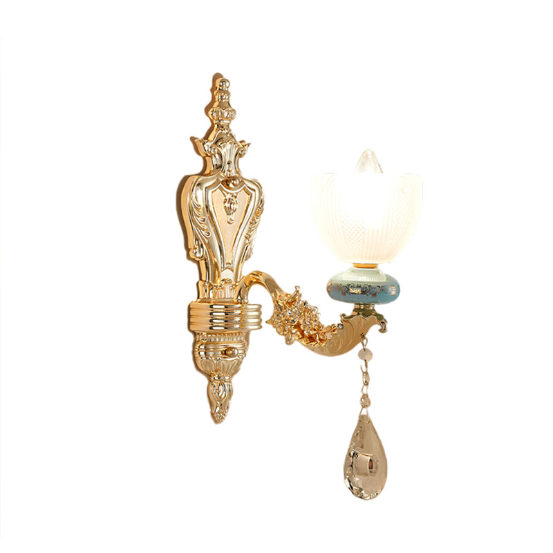 Mid-Century Cup Shape Wall Light Fixture Single Light Latticed Glass Wall Lamp Sconce in Gold