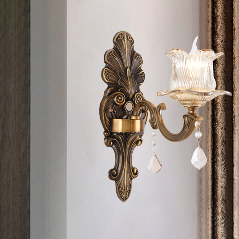 Single Wall Mounted Light with Flower Shade Clear Prismatic Glass Traditional Bedside Wall Lamp in Antique Brass