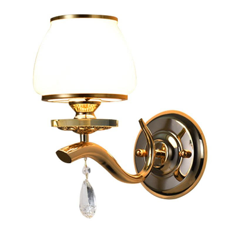 1/2-Bulb Tapered Wall Light Fixture Postmodern White Glass Wall Sconce Lighting with Crystal Drop