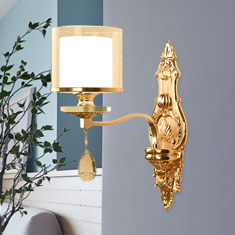 1 Light Wall Mount Lamp Retro Living Room Wall Sconce with Layered Barrel Clear and Frosted Glass Shade, Gold