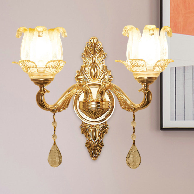 Gold 1/2-Bulb Sconce Light Traditional Frosted Glass Floral Wall Lighting Ideas for Living Room