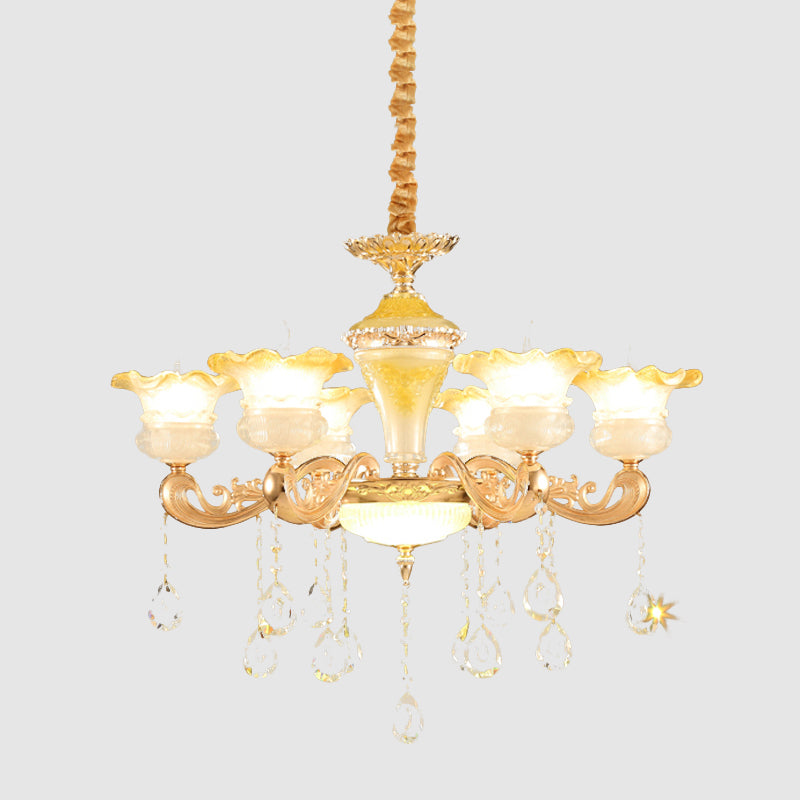 Fading Yellow Glass Ruffle Chandelier Postmodern 6 Lights Hotel Hanging Lamp in Gold