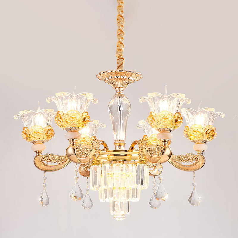 6 Lights Clear Glass Pendant Lamp Traditional Gold Flower Dining Room Chandelier with Tiered Crystal Accent