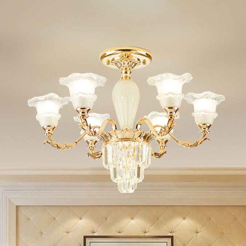 Tapered Crystal Prism Up Chandelier Modern 3/6-Light Bedroom Hanging Lamp with Ruffled Bell Frosted Glass Shade in Gold