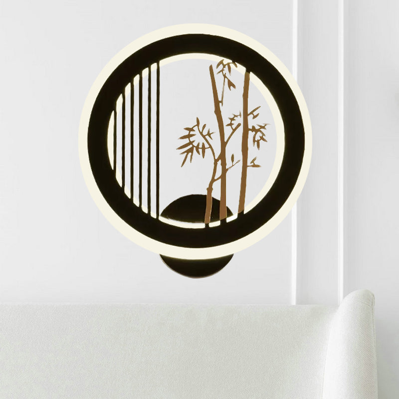 Asia LED Mural Light Fixture Black Plum Tree/Bamboo Patterned Round Wall Mounted Lamp with Acrylic Shade