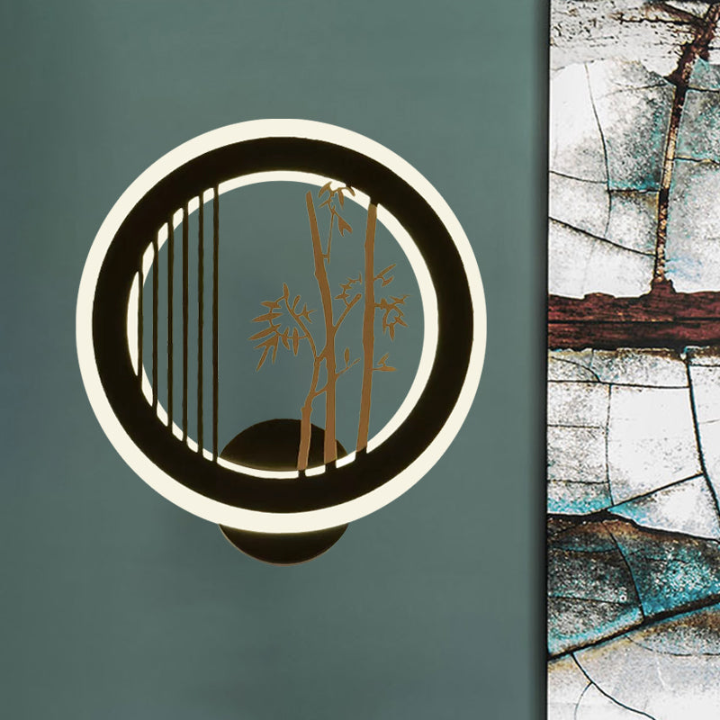 Asia LED Mural Light Fixture Black Plum Tree/Bamboo Patterned Round Wall Mounted Lamp with Acrylic Shade