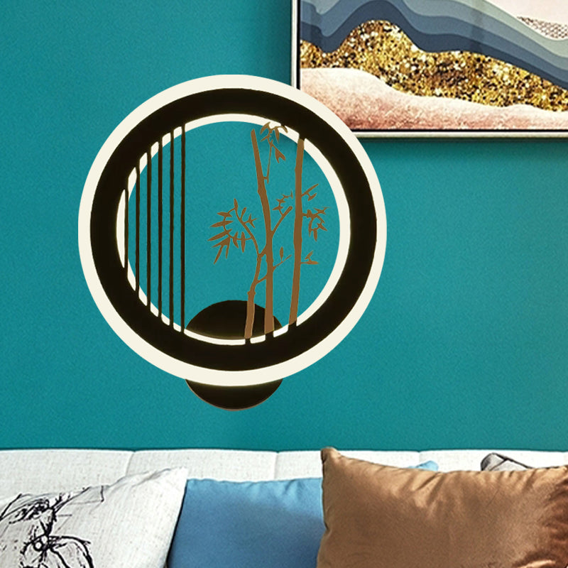 Asia LED Mural Light Fixture Black Plum Tree/Bamboo Patterned Round Wall Mounted Lamp with Acrylic Shade