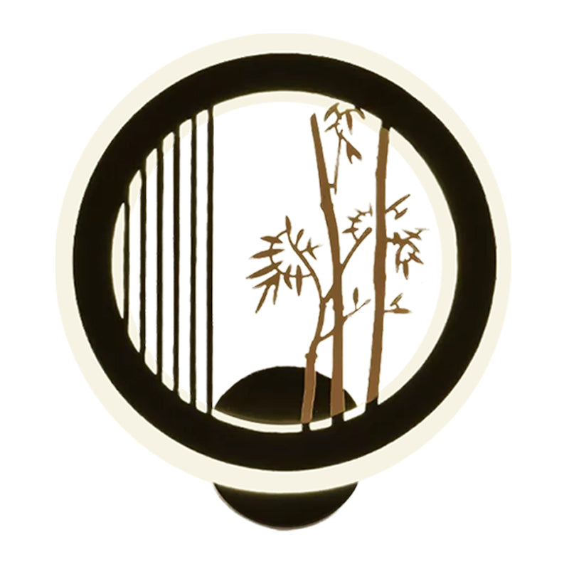 Asia LED Mural Light Fixture Black Plum Tree/Bamboo Patterned Round Wall Mounted Lamp with Acrylic Shade