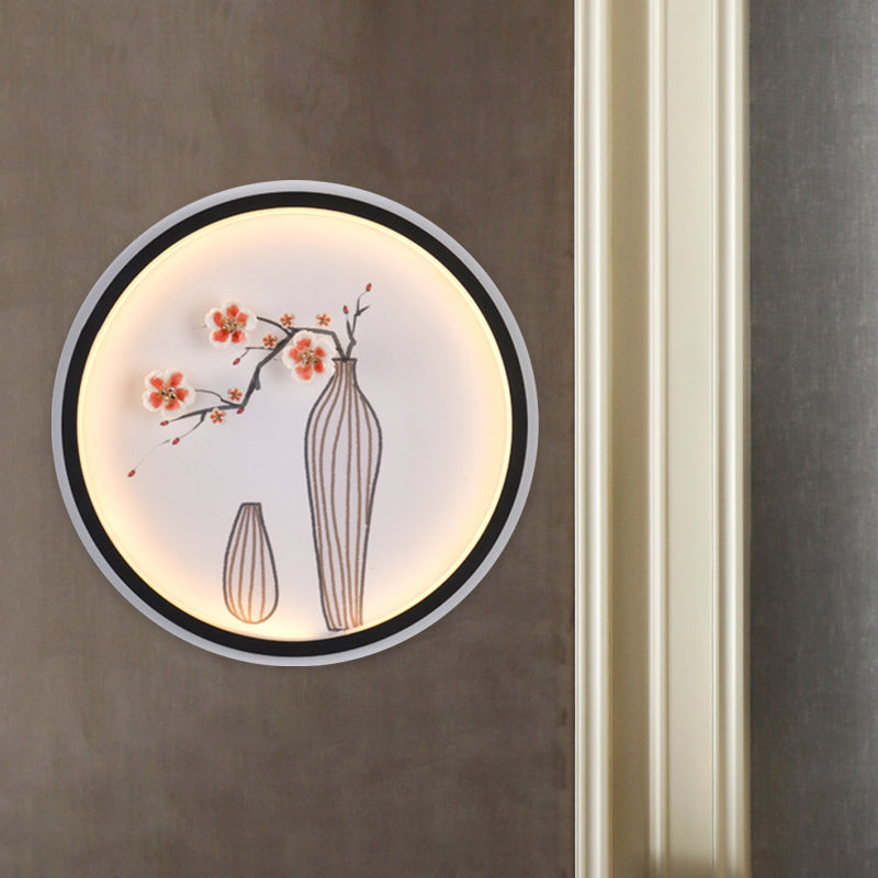 Plum and Vase Dining Room Mural Lighting Ceramic Minimalist LED Circle Wall Mount Lamp in Black