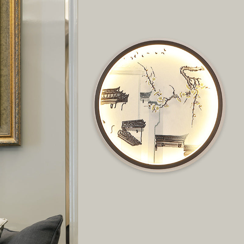 Chinese Ancient Town Metal Mural Light LED Flush Mount Wall Sconce in Black for Living Room