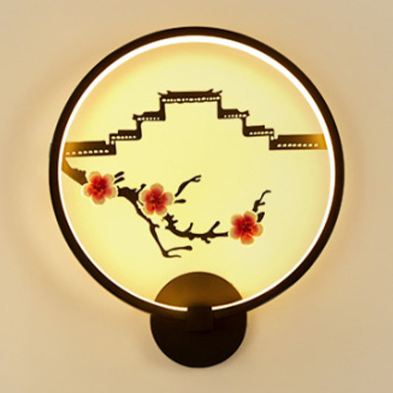 Chinese Plum Flower Mural Lamp Ceramic Bedside LED Wall Lighting with Ring in Black