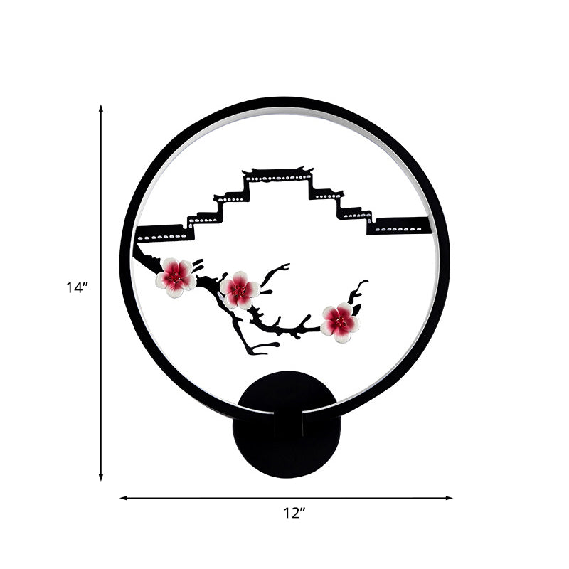 Chinese Plum Flower Mural Lamp Ceramic Bedside LED Wall Lighting with Ring in Black