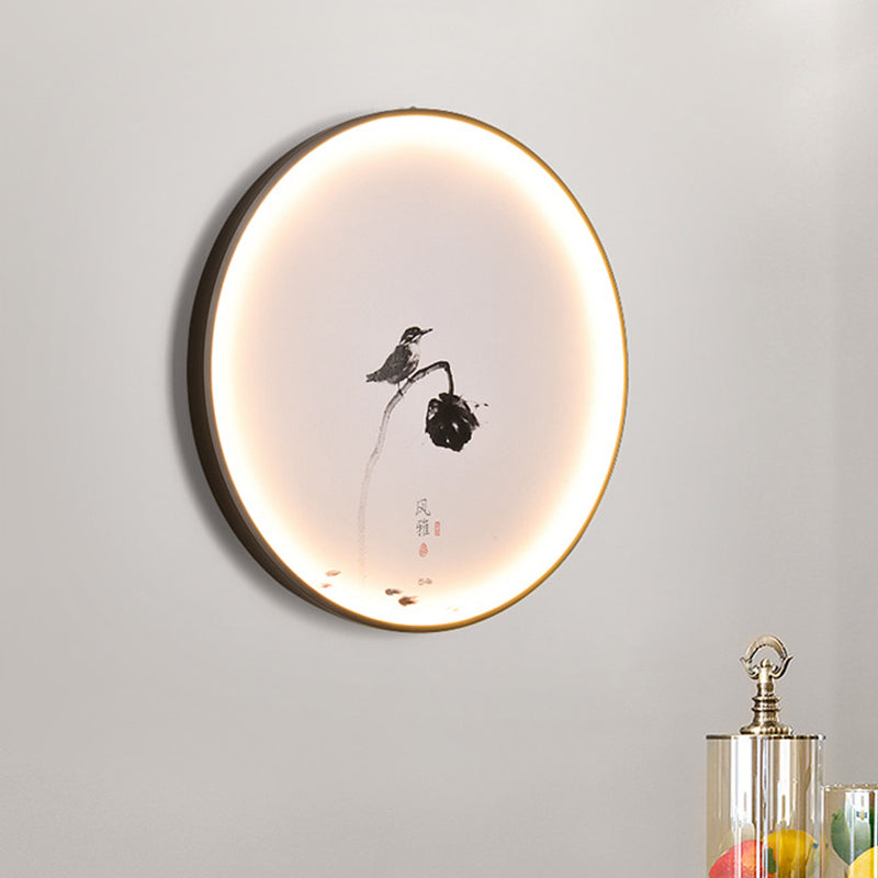 Bird and Lotus LED Mural Light Chinese Style Aluminum Dining Room Circular Flush Mount Sconce in Black