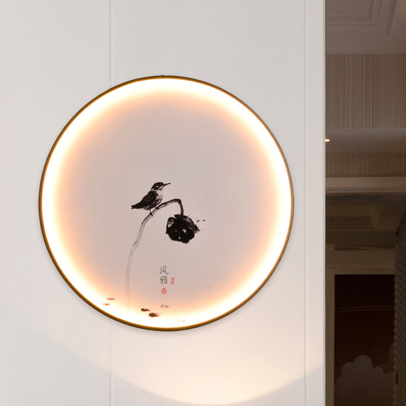 Bird and Lotus LED Mural Light Chinese Style Aluminum Dining Room Circular Flush Mount Sconce in Black