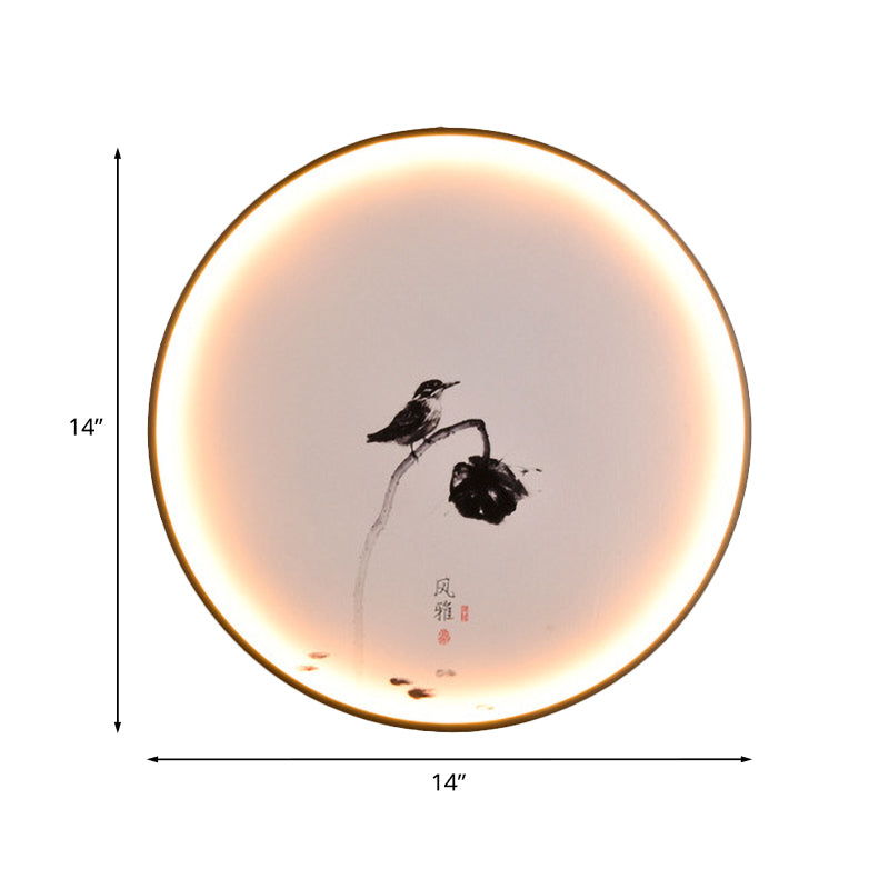 Bird and Lotus LED Mural Light Chinese Style Aluminum Dining Room Circular Flush Mount Sconce in Black