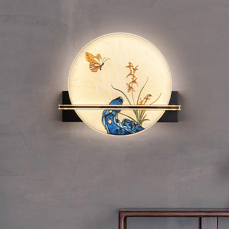 Butterfly LED Mural Light Fixture Asia Stained Glass Tearoom Circular Wall Mounted Lamp in Blue