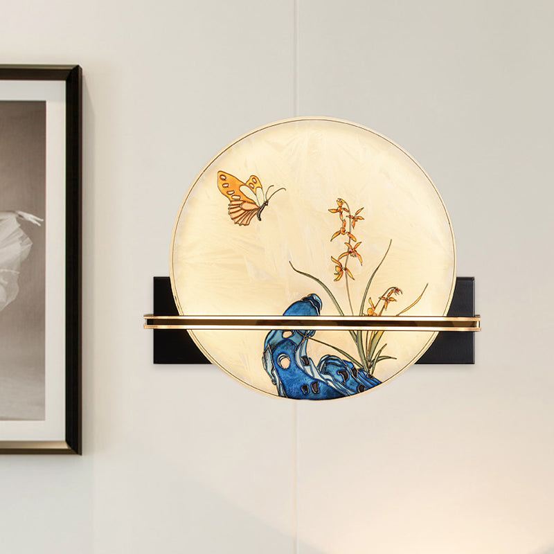 Butterfly LED Mural Light Fixture Asia Stained Glass Tearoom Circular Wall Mounted Lamp in Blue