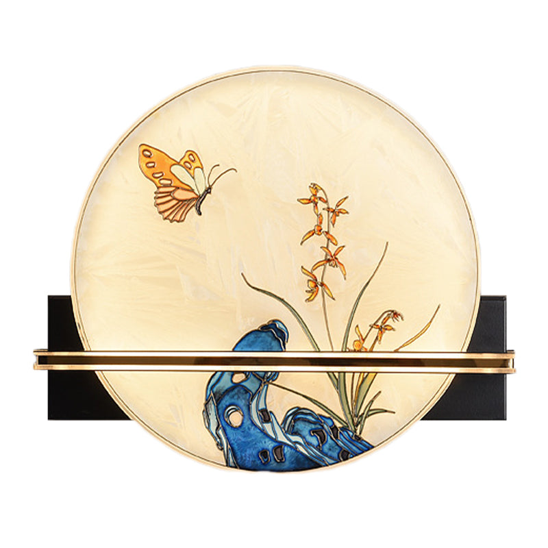 Butterfly LED Mural Light Fixture Asia Stained Glass Tearoom Circular Wall Mounted Lamp in Blue