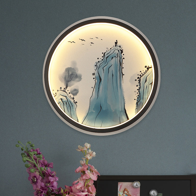 Blue Mount Tai Drawing Mural Lamp Chinese Aluminum LED Circular Sconce Lighting Fixture