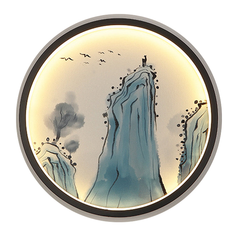 Blue Mount Tai Drawing Mural Lamp Chinese Aluminum LED Circular Sconce Lighting Fixture